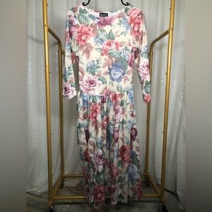 Vintage Timely Trends Cream Long Sleeve Midi Dress with Various Colored Flowers